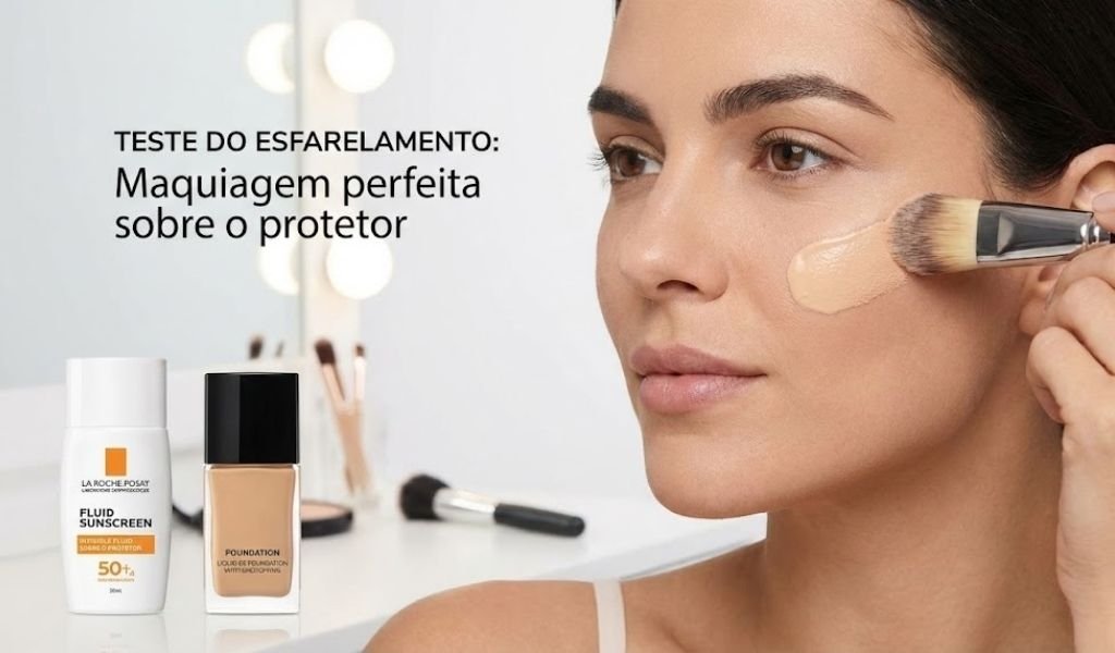 teste do esfarelamento maquiagem perfeita sobre o protetor